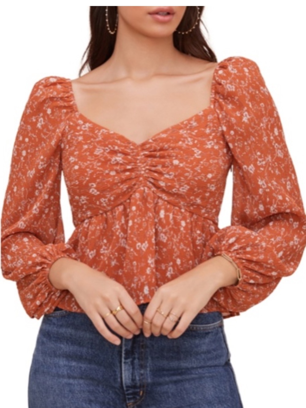 Astr Rust Floral Ruched Sweetheart Blouse